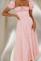 Pink Floral Puff Sleeve Maxi Dress